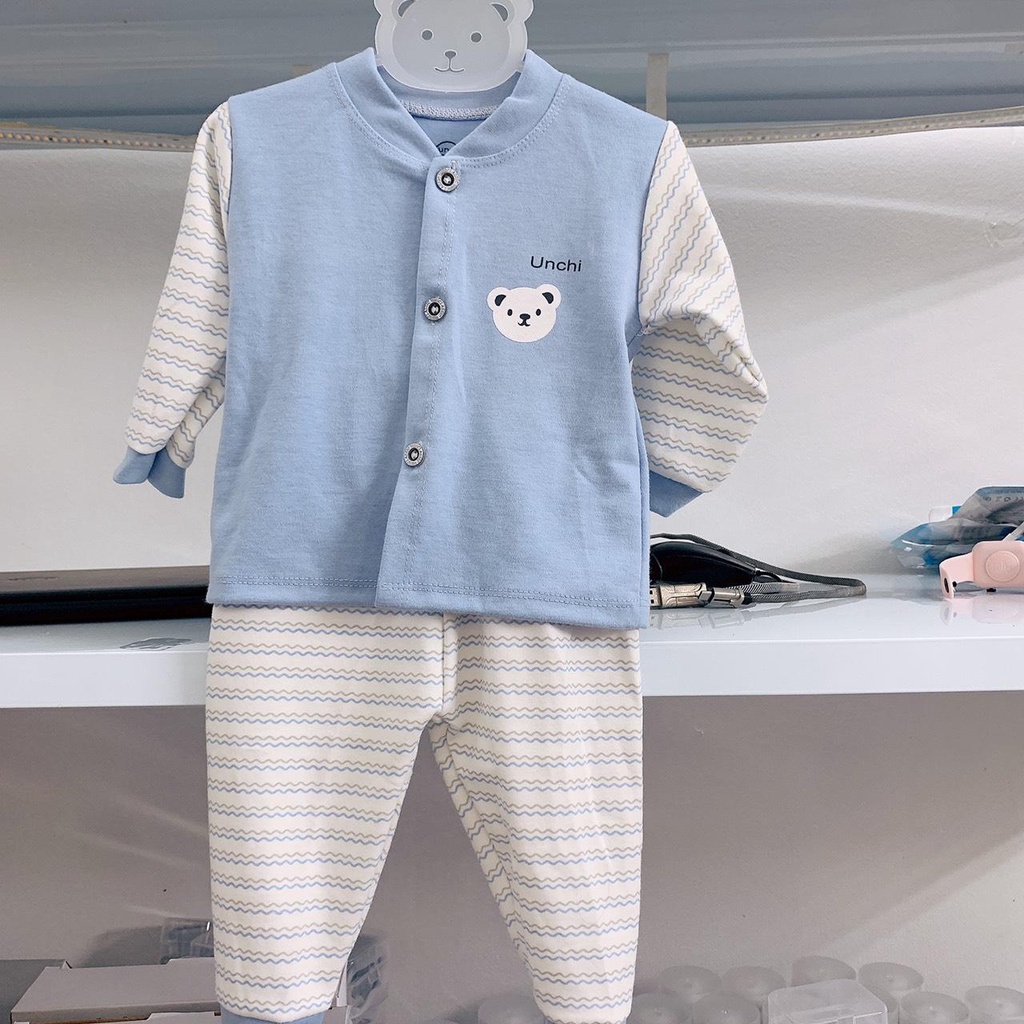 Bộ quần áo mùa đông dài tay cúc cài giữa cổ tàu giữ ấm Unchi vải cotton nỉ co giãn 4 chiều cho bé (5-14kg)