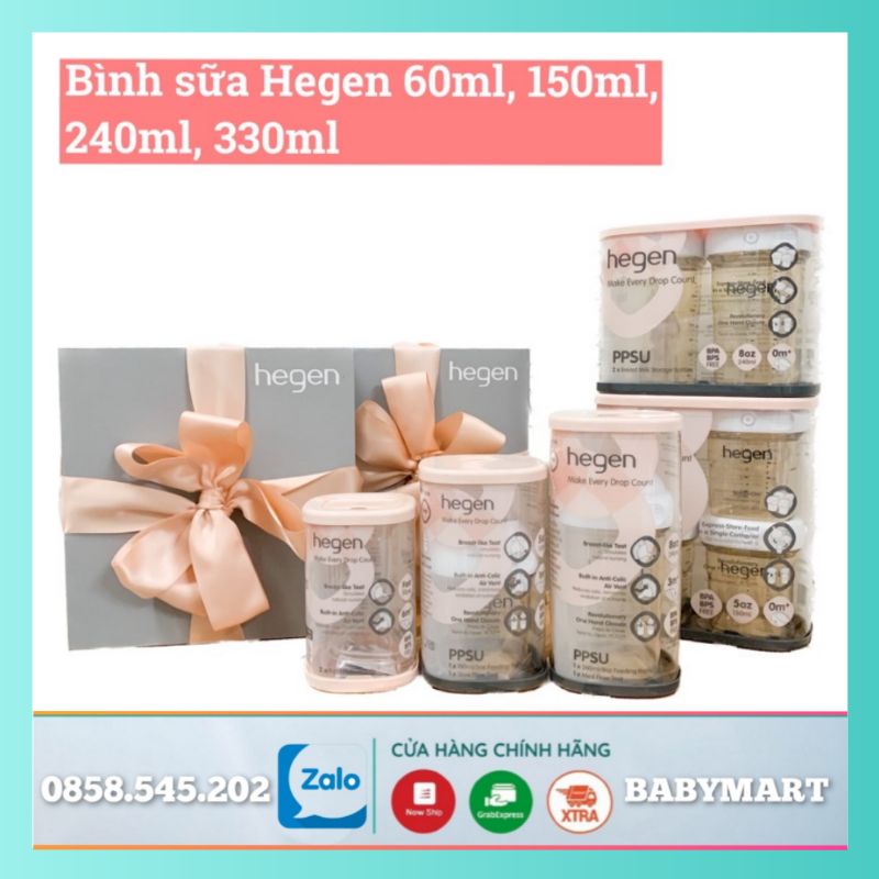 Bình sữa hegen 60ml/150ml/240ml /330ml fullbox, tách hộp, hàng chính hãng, chất lượng, an toàn