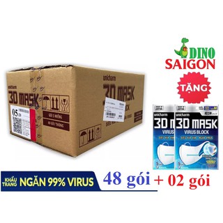 [50 GÓI] Thùng 48 gói Khẩu trang ngăn vi khuẩn Unicharm 3D Mask Virus Block 5 cái/gói + Tặng thêm 02 gói