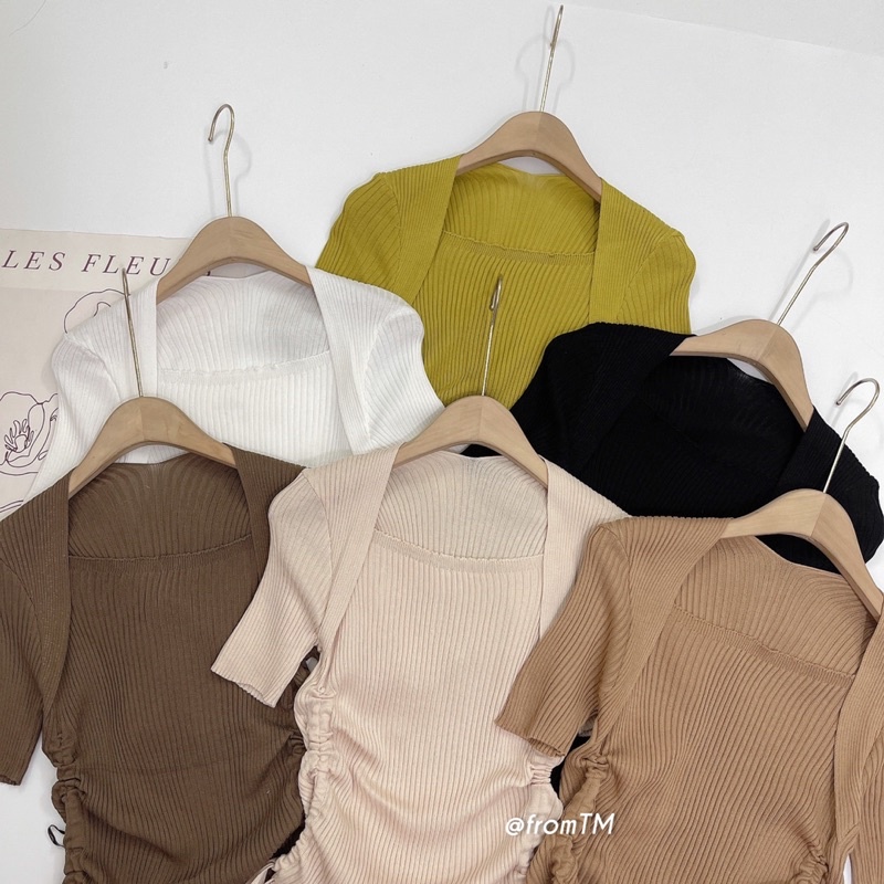 Áo len cổ vuông rút dây 2 bên