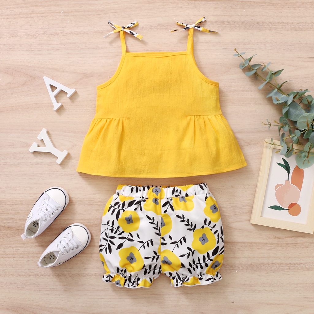 Set đồ Mikrdoo áo dây dễ thương + quần short hoa mùa hè thời trang cho bé gái