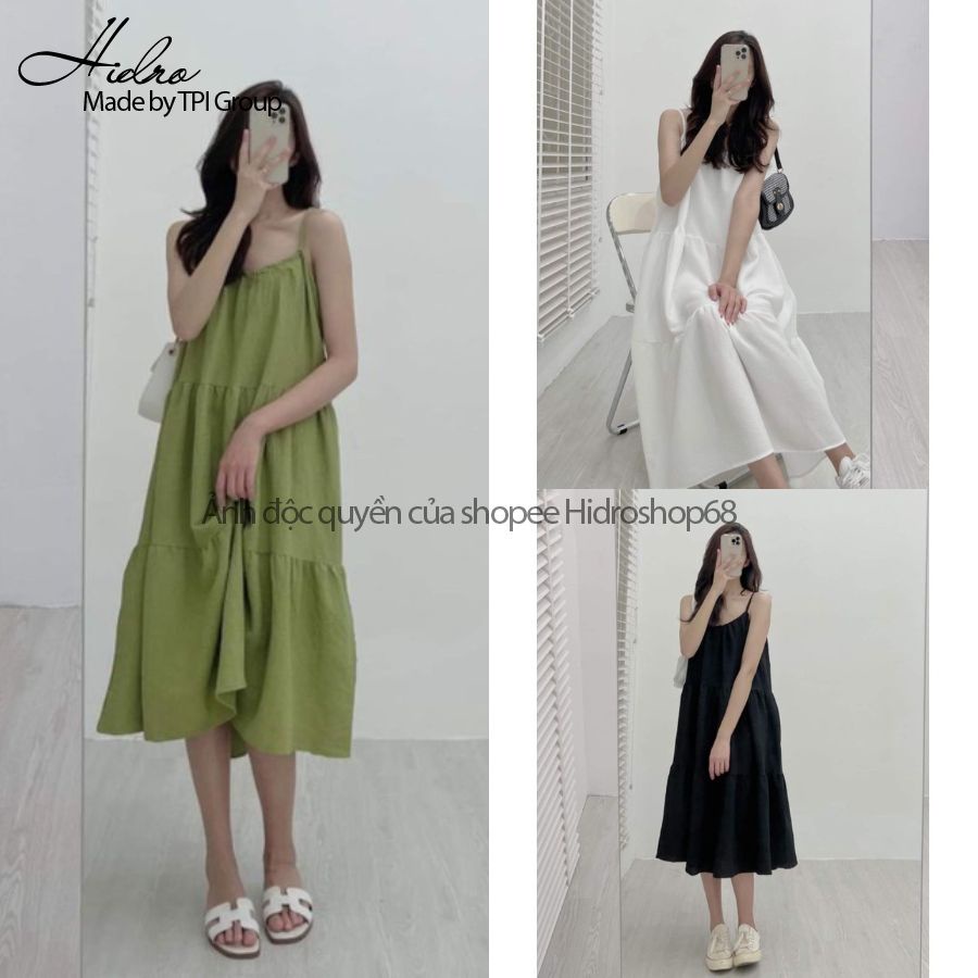 Váy đầm hai dây maxi xòe tầng đi biển dáng babydoll rộng chất đũi mềm mát