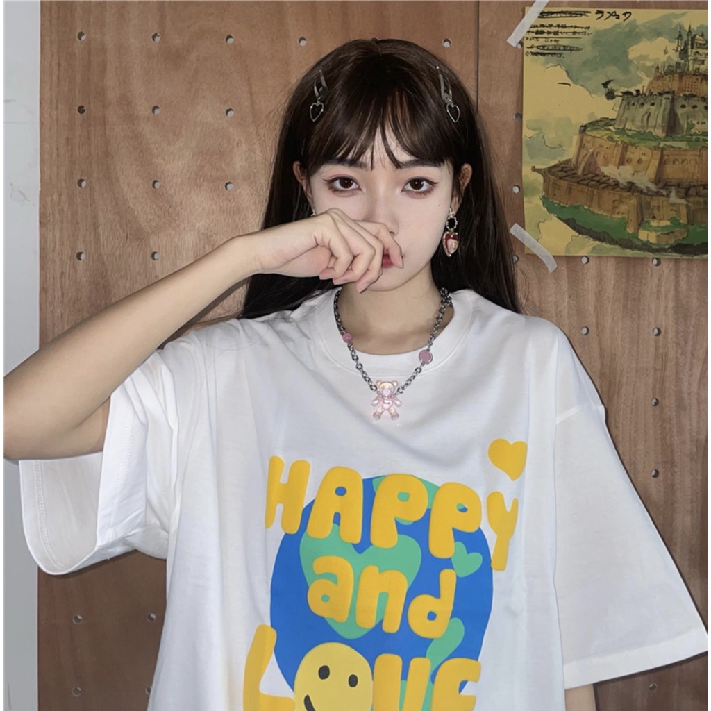 Áo thun tay lỡ form rộng Happy and Love NEKOSG, áo phông form rộng Unisex ATL258