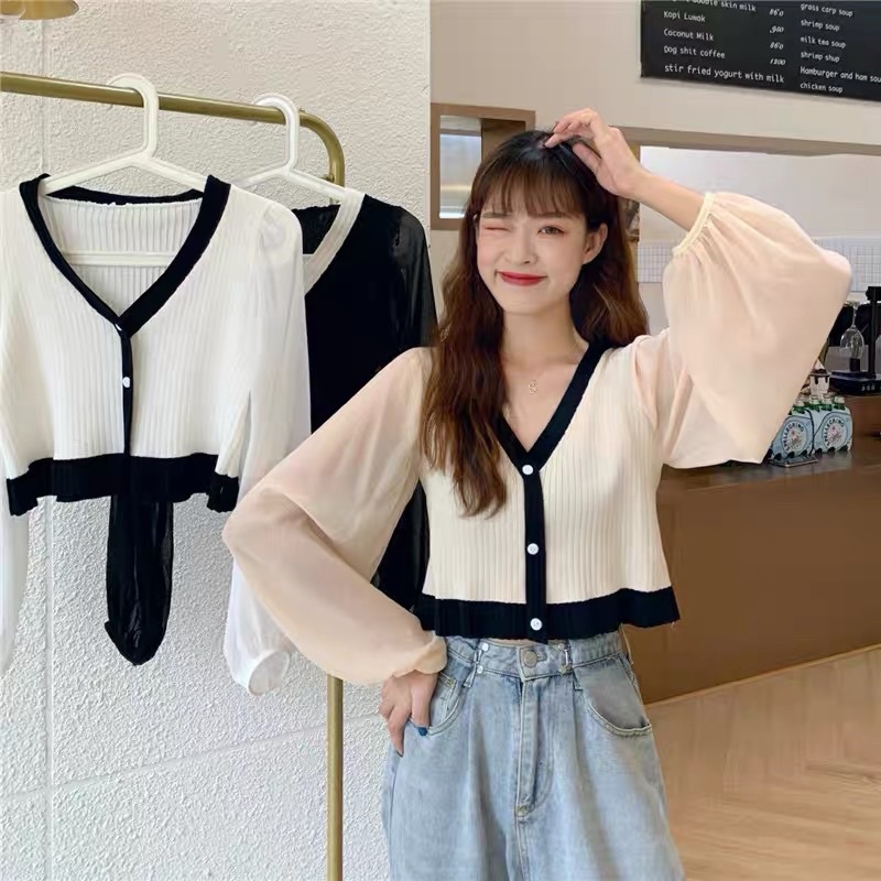 Áo croptop nữ len tăm phối tay voan dài bánh bèo cổ chữ V Áo sơ mi tay bồng phong cách mới karryshop
