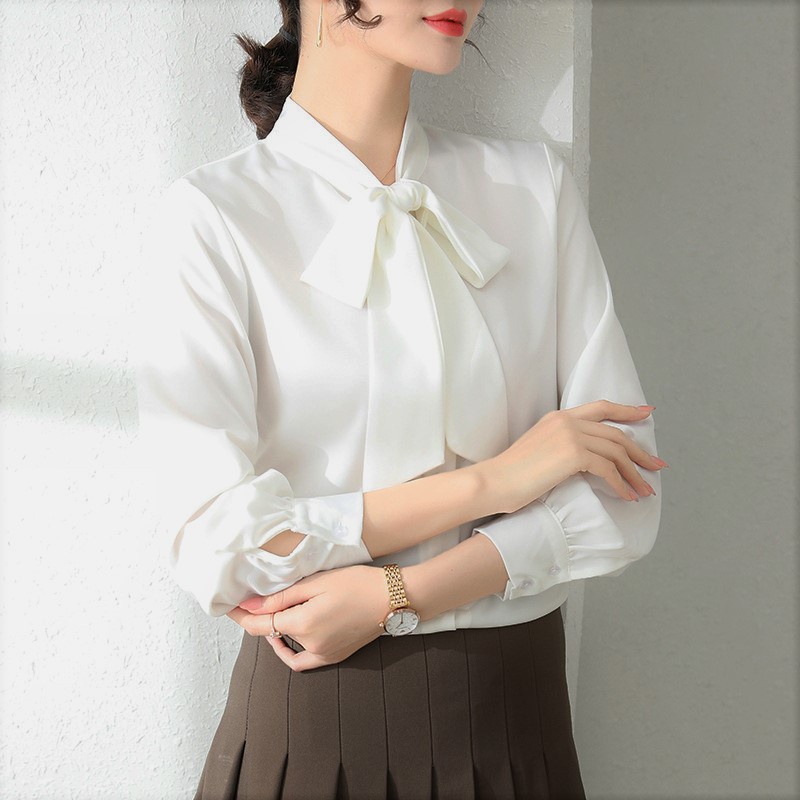 Áo Sơ Mi Kiểu Công Sở Đẹp CHIPY Tay Dài Cổ Thắt Nơ Màu Trắng Chất Lụa Cao Cấp From Rộng Hàn Quốc Ulzzang Vintage A1T | BigBuy360 - bigbuy360.vn