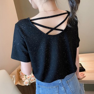 Shilofen👗 Áo Thun Ôm Tay Lỡ Đính Kim Sa Thời Trang Cho Nữ