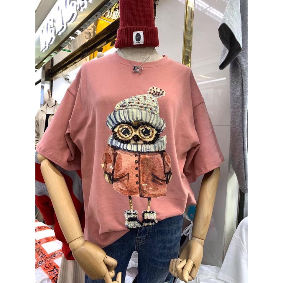 Áo phông Áo thun cotton in hình cú hồng cho nữ