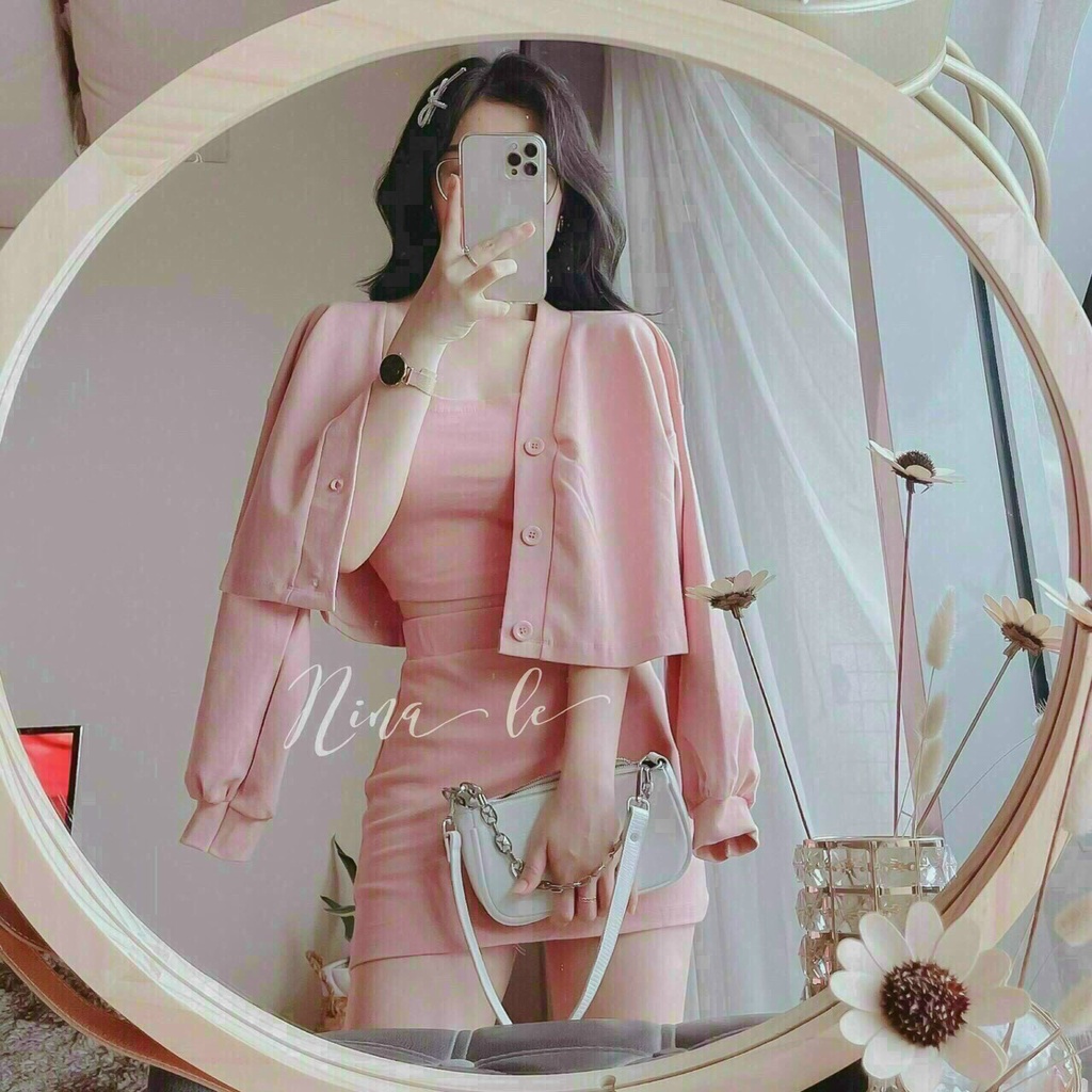 sét ba món siêu cute áo trong có mút. áo khoác dài tay kèm chân váy ngắn