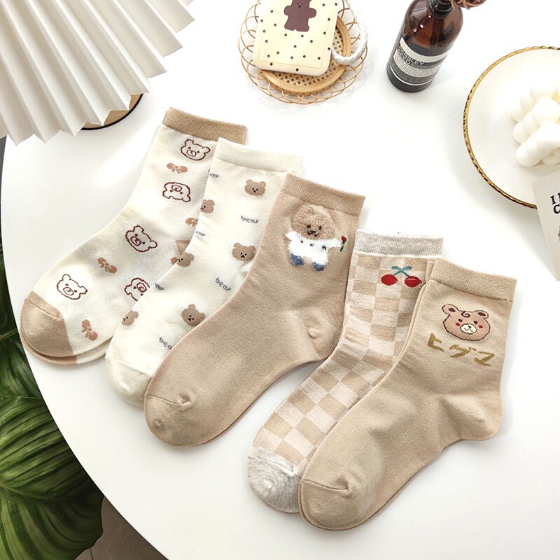 Tất nữ cao cổ gấu màu nâu họa tiết xinh xắn đáng yêu co dãn thấm hút mồ hôi dành cho nữ