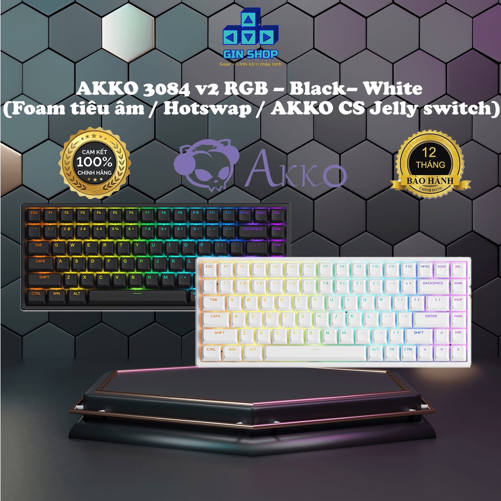 [CHÍNH HÃNG] Bàn phím cơ AKKO 3084 v2 RGB – Black - White (Foam tiêu âm / Hotswap / AKKO CS Jelly sw