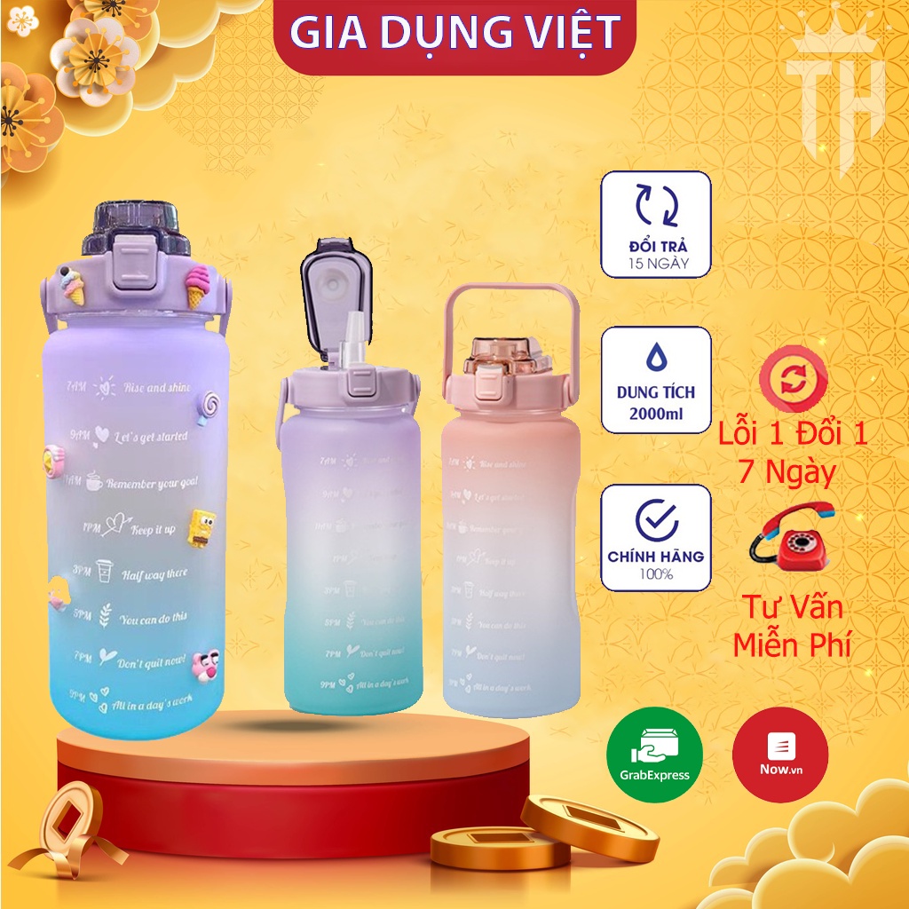 Bình Nước Dễ Thương Có Vạch Chia Giờ Uống, Bình Đựng Nước 2 Lít Dành Cho Người Lười Uống Nước