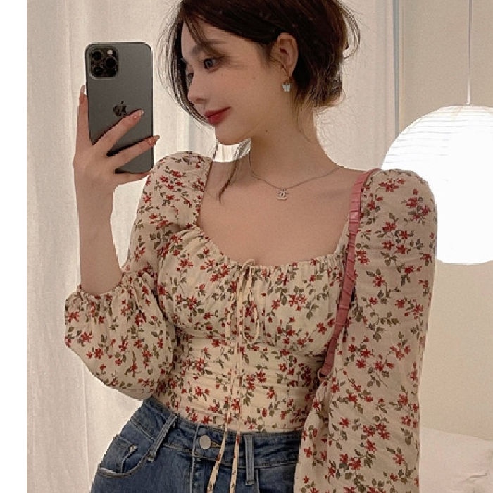 Áo sơ mi tay phồng cổ vuông in họa tiết hoa phong cách Pháp thời trang cho nữ