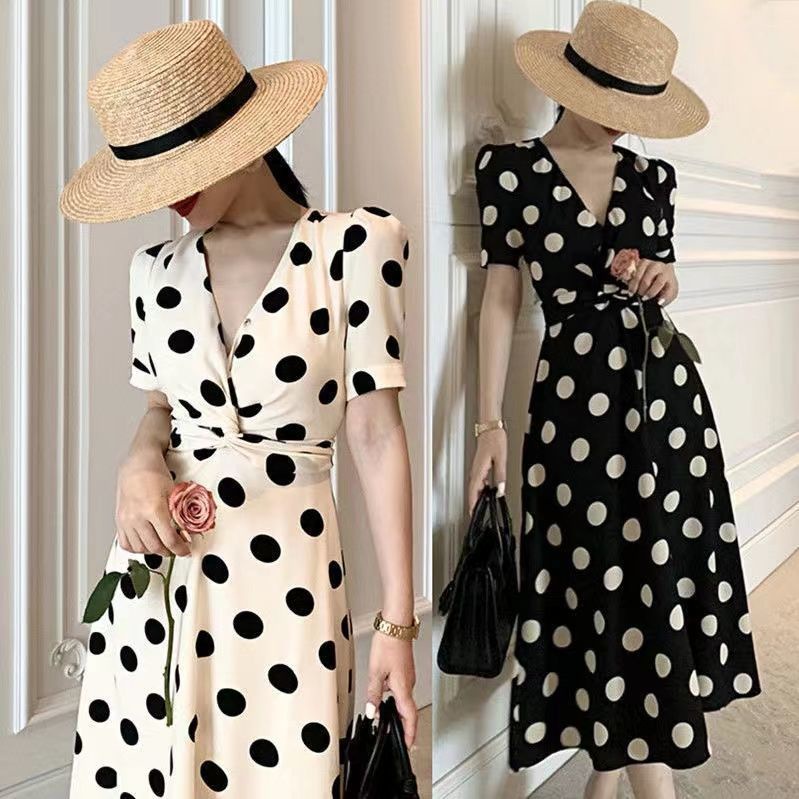 Plus Đầm Cổ Chữ V Họa Tiết Chấm Bi Phong Cách Retro Pháp