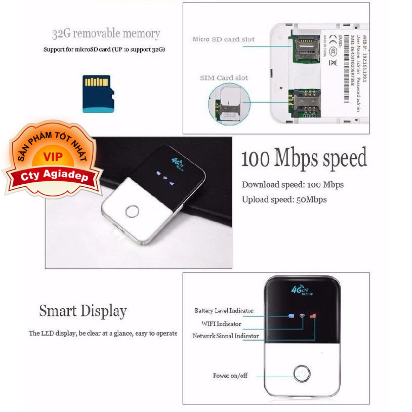 Bộ phát sóng wifi 4G từ sim- Cục phát wifi mini cầm tay -Phát wifi 4G AGD LTE Hàng hiệu ,tốc độ cực cao 150 Mbps