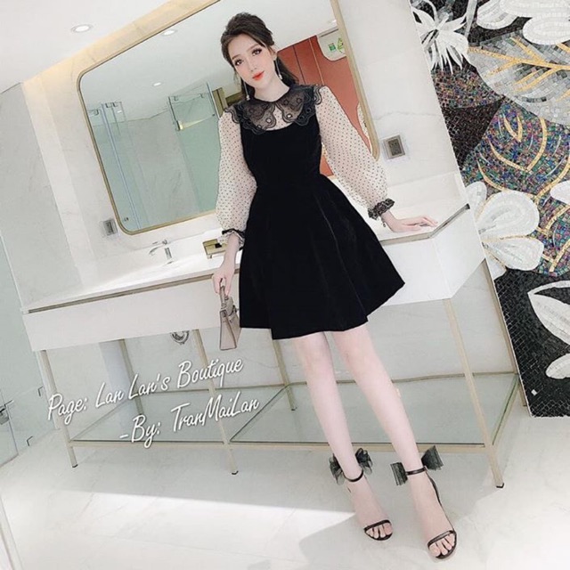 Đầm dáng xòe màu đen trơn tay lưới bi dài cổ phối ren sang chảnh [N2601]