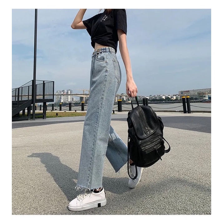 Quần Jean Denim Nữ Màu Xanh Basic Tua Gấu Cạp Cao Ống Suông Phom Đứng Phong Cách Ulzzang Dễ Phối Đồ Đủ Size Loại 1