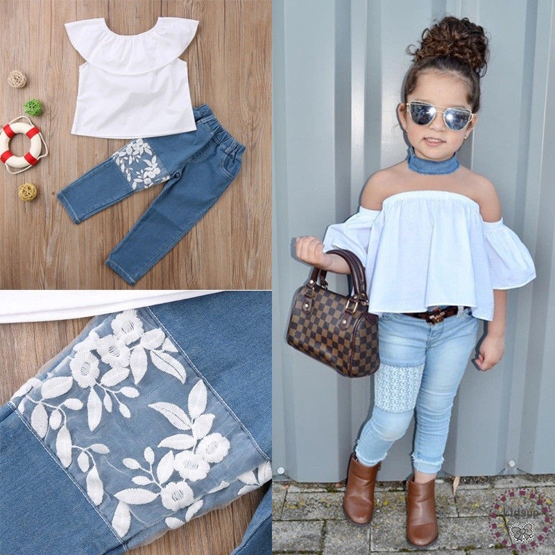 Set Áo Trễ Vai + Quần Jeans Cho Bé Gái