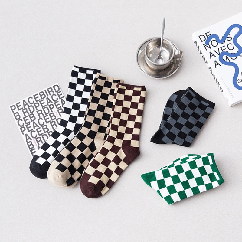 Vớ cotton họa tiết sọc caro phong cách Harajuku Hàn Quốc thời trang cho nam và nữ