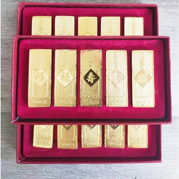 Thỏi vàng cây hộp 5 THANH dày chiêu lộc - vật phẩm thờ cúng.