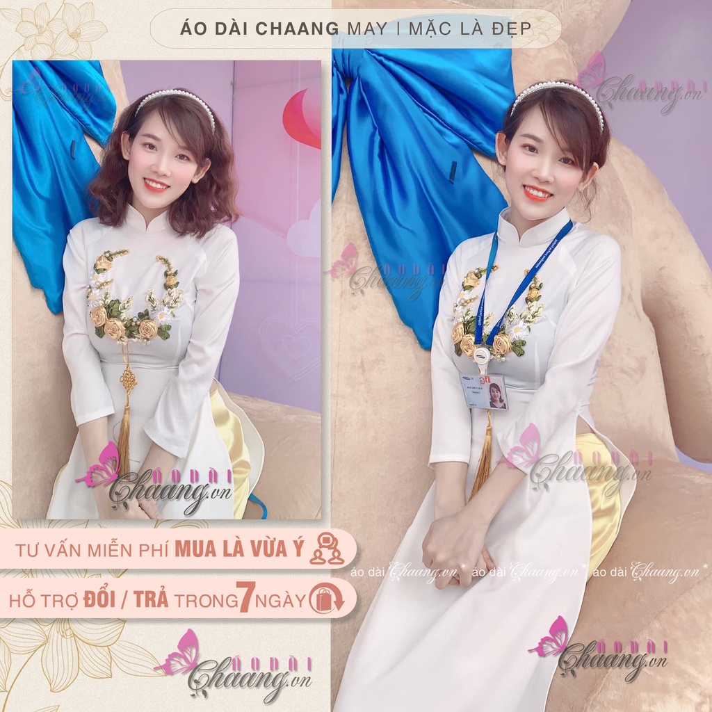 Áo dài thêu hoa FREESHIP Áo dài đính hoa ruy băng vàng đồng