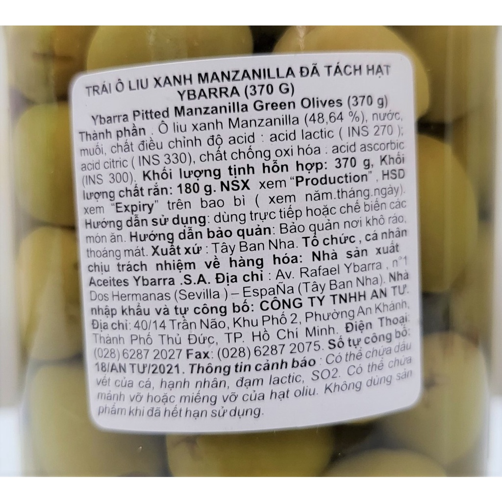[Lọ 370g] QUẢ Ô LIU XANH MANZANILLA TÁCH HẠT [Spain] YBARRA Pitted Manzanilla Green Olives (atu-hk)