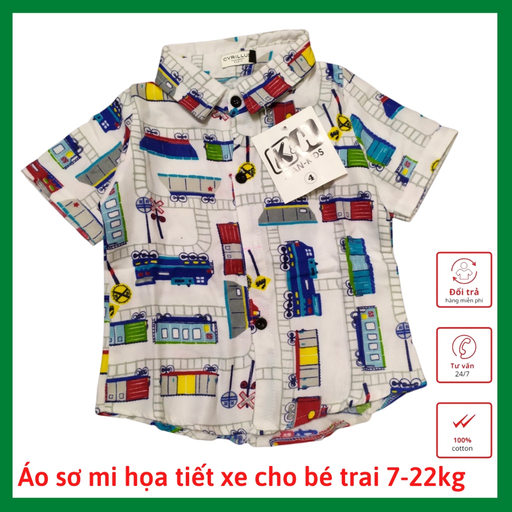 Áo sơ mi ngắn tay họa tiết xe ô tô cho bé trai 7-22kg