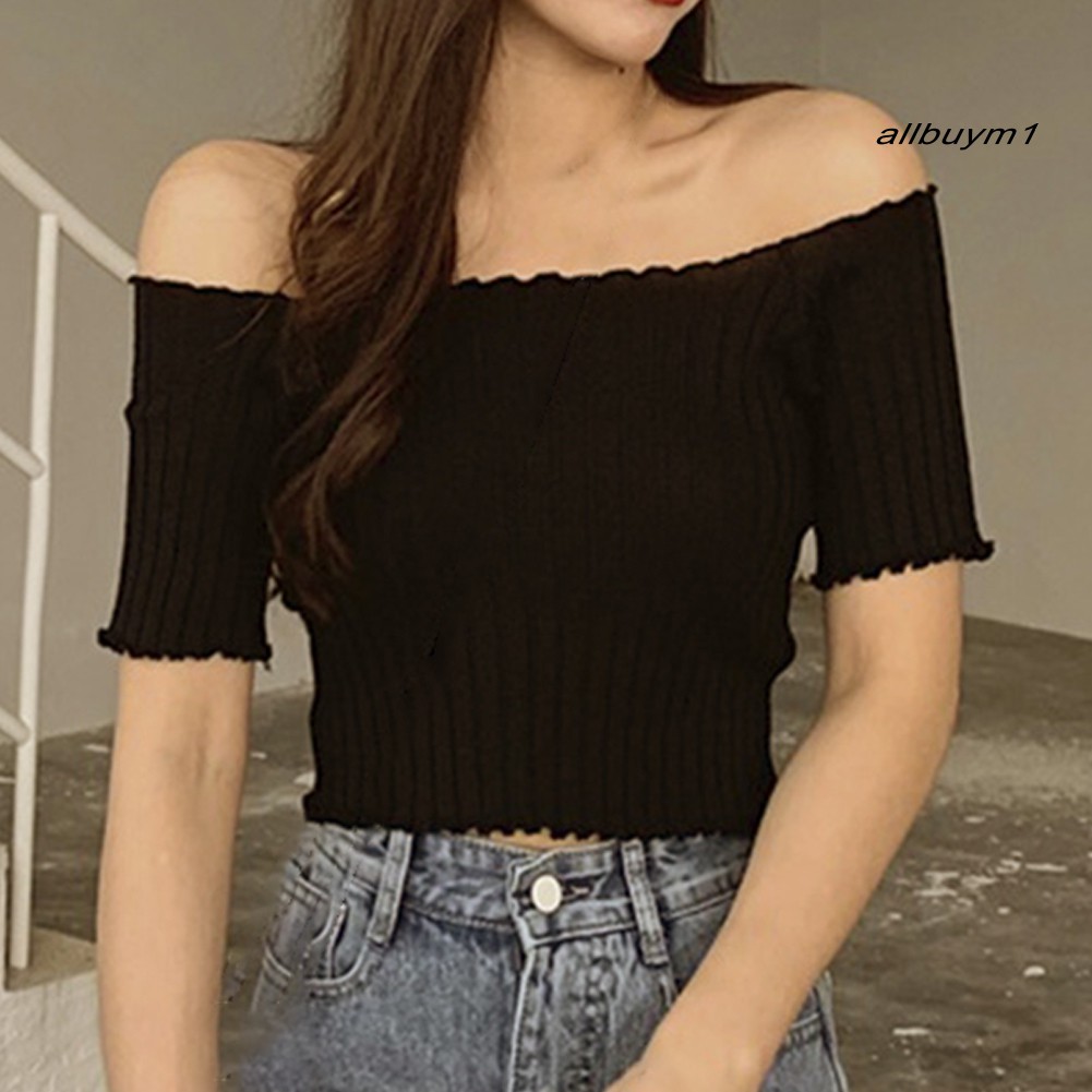 Áo Croptop Dệt Kim Trễ Vai Màu Trơn Cho Nữ