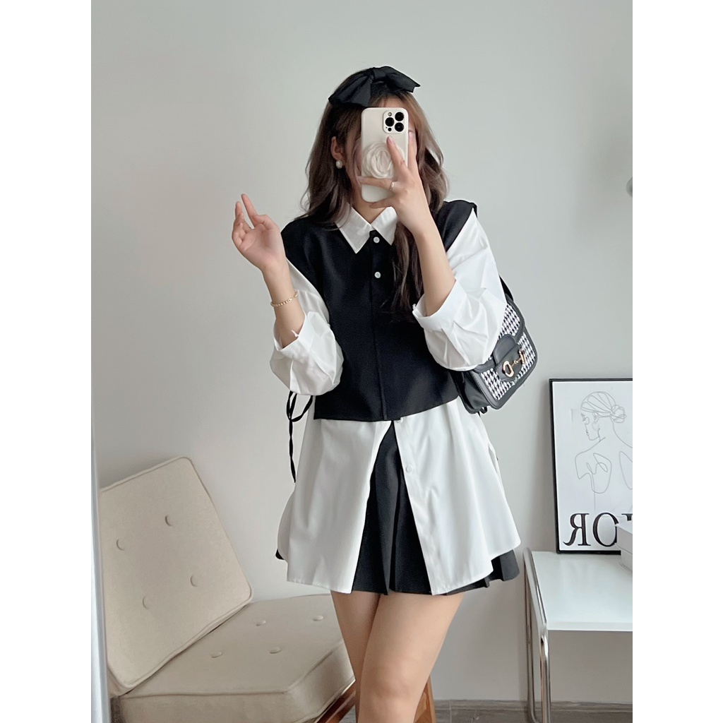 Set áo sơ mi 2 món mix áo gile buộc dây, set áo kiểu buộc dây 2 bên