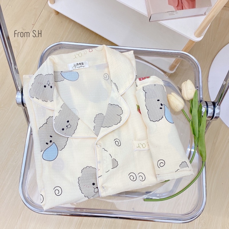 Bộ pijama thu đông mặc nhà nữ chất đũi xốp áo dài quần dài