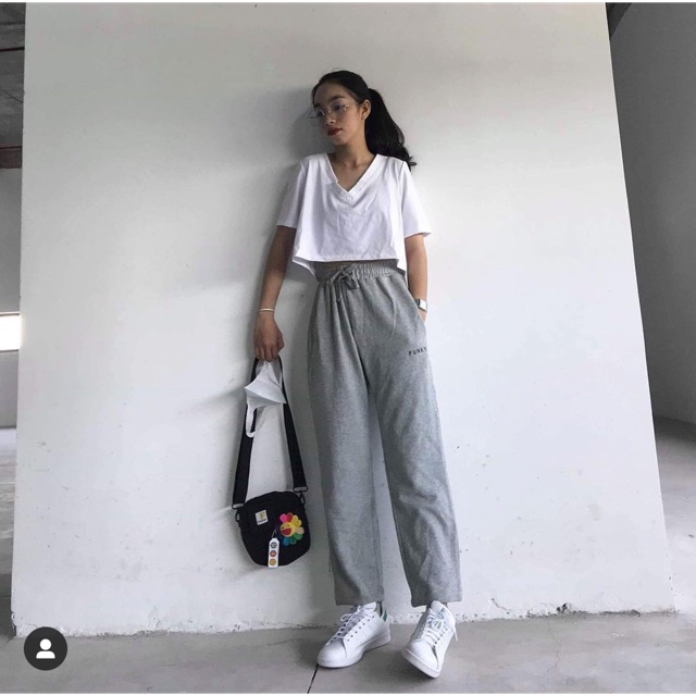 Set quần FUNKYTOWN Màu xám và áo croptop trắng