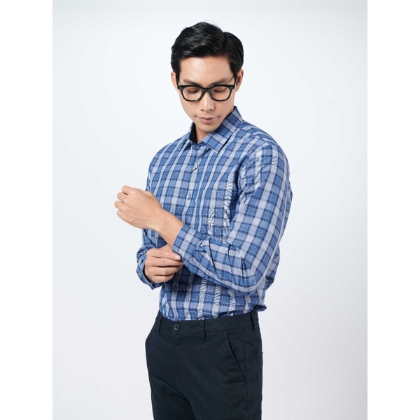 Áo sơ mi dài tay nam OWEN AR220838DT somi công sở Vải Sợi Tre cao cấp Kẻ caro navy trắng Dáng Regular Fit Tà Lượn Có Túi
