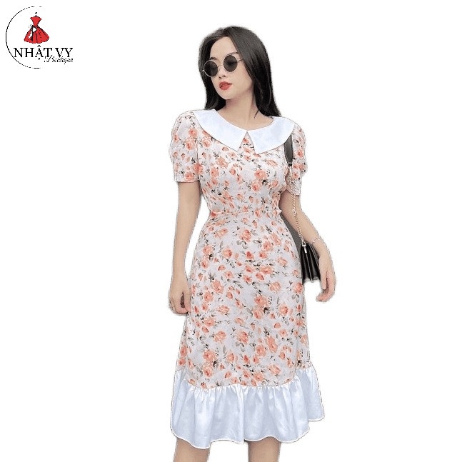 Đầm Hoa Đi Chơi NHẬT VY Cổ Tròn Dáng Ôm Đuôi Cá Tay Phồng Kiểu Chất Mango Màu Hồng, Kem - D2307