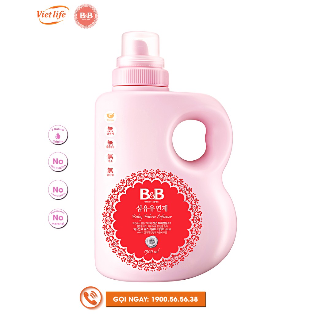 Nước xả vải dành cho bé hương hoa nhài B&B chai 1500ml (B&B Baby Fabric Softener Jasmine Bottle 1500ml)