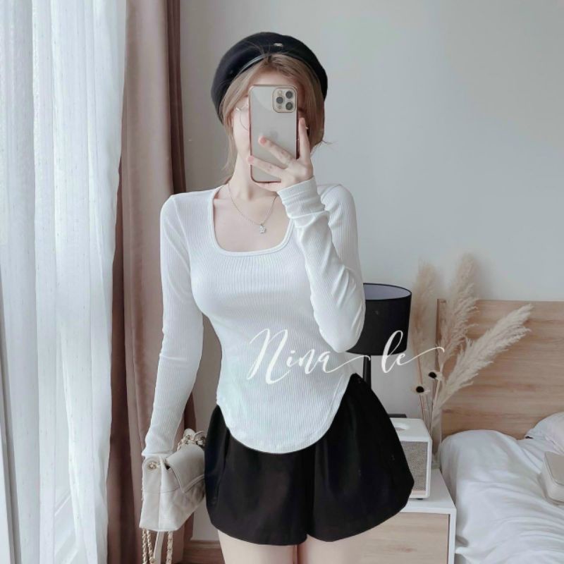 Áo thun tay dài cổ vuông vải len gân phôm chuẩn 👍