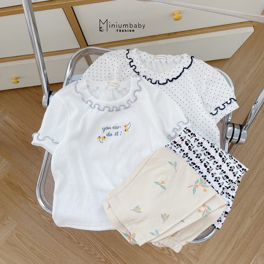Bộ đồ cộc tay quàn lỡ viền bèo bé gái chất liệu 100% cotton trẻ em mặc mùa hè rất mát cho bé từ 1-6 tuổi Minium SB1237