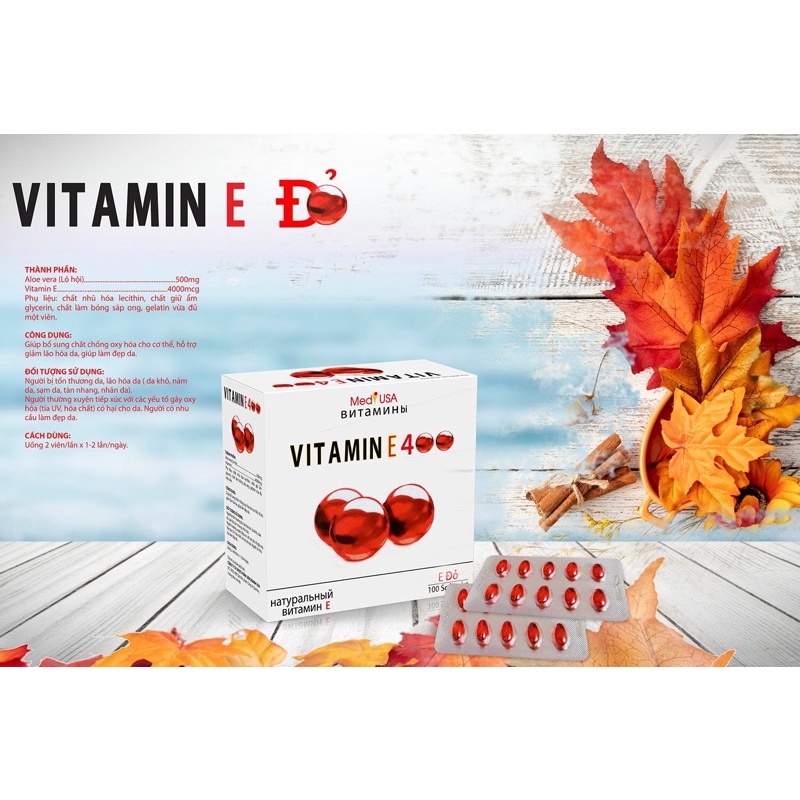 Viên uống đẹp da Vitamin E400 E Đỏ 4000mcg, Aloe vera 500mg, bổ sung vitamin E giúp da trắng sáng, ngừa lão hoá da