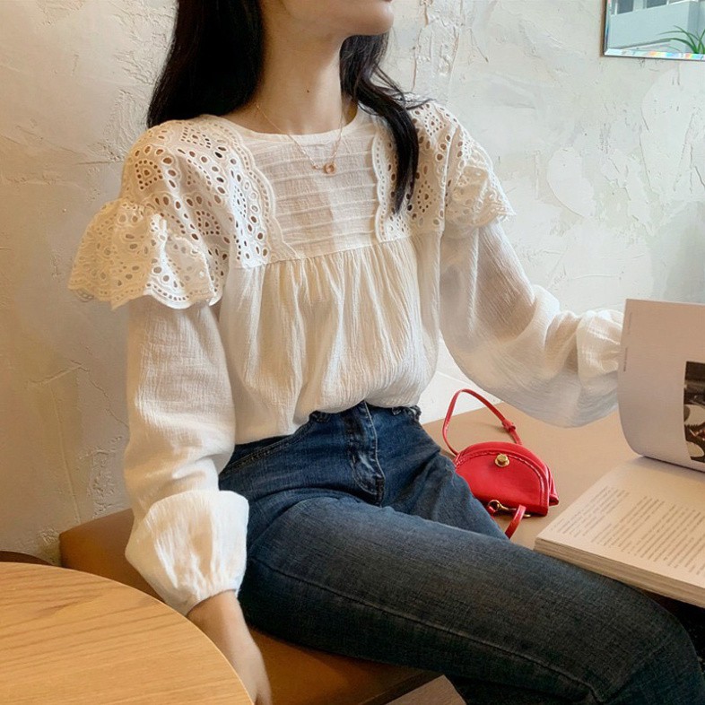 áo babydoll tiểu thư A259 bèo ren vai quảng châu Thời trang Xmin huongmitxu