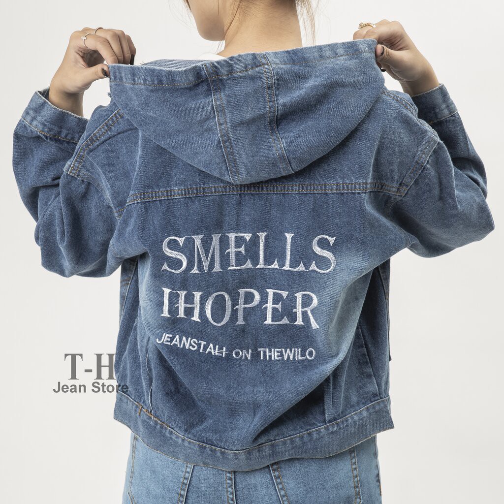 Áo khoác jean nữ TH Store phối chữ Smell Ihoper, áo khoác bò cá tính ulzzang chống nắng