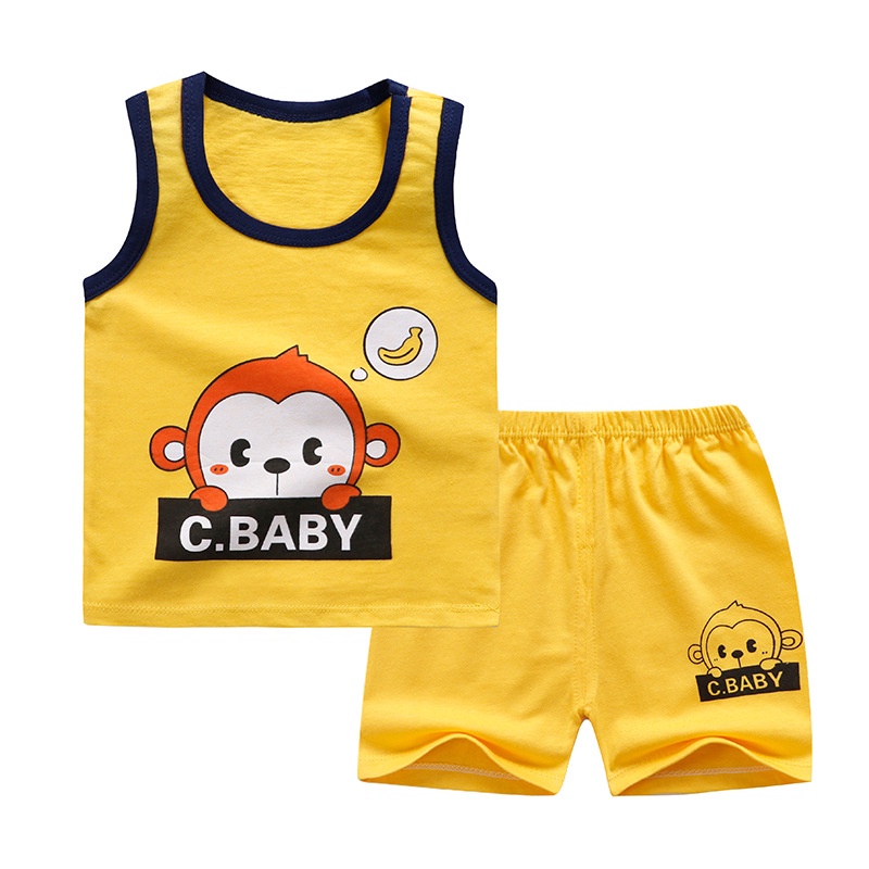 Bộ đồ SANITKUN chất liệu 100% cotton với áo không tay in hình hoạt hình cho bé trai bé gái