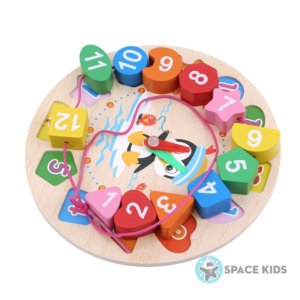 Đồ chơi giáo dục Space Kids Đồng hồ gỗ xếp khối và xỏ dây thông minh cho bé phát triển trí tuệ