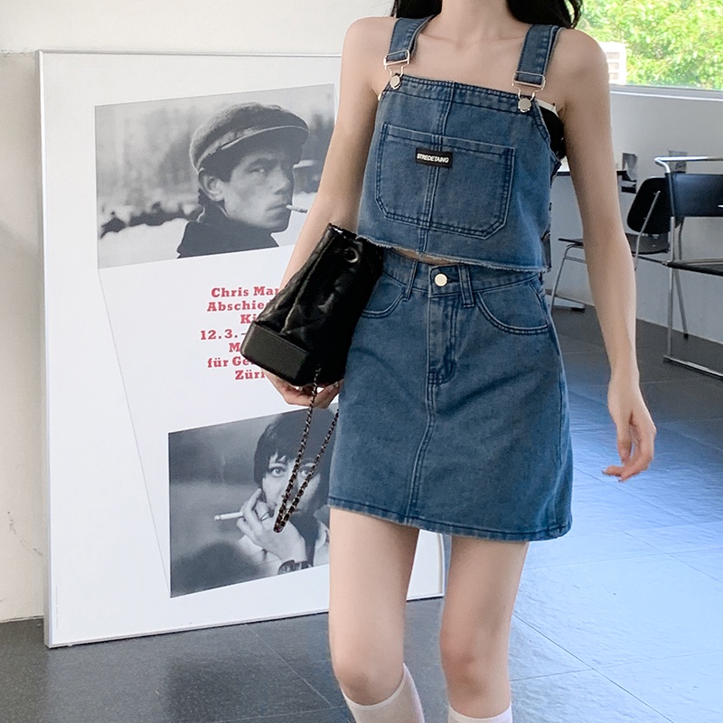 Set Áo Hai Dây + Chân váy jean Chữ A Lưng Cao Thời Trang Nữ