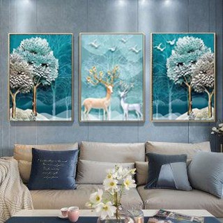 Bộ 3 tranh treo tường canvas hươu tông vàng xanh sang trọng CV02