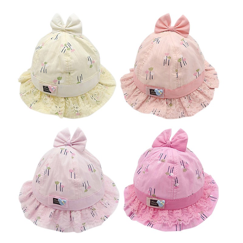 Mũ xô vải cotton in ren hoa chống nắng cho bé gái sơ sinh tập đi