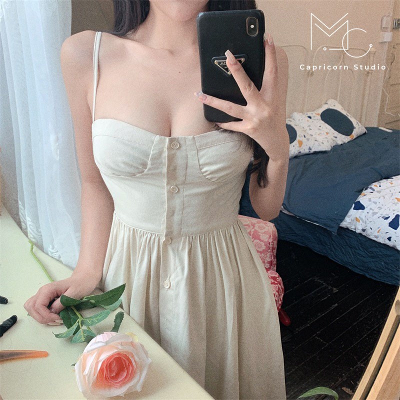 Váy/ Đầm dây màu trắng kiểu sơ mi nhẹ nhàng phong cách retro Pháp