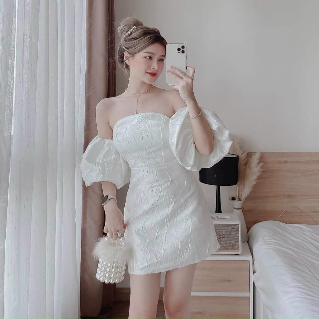Váy đầm nữ dự tiệc sang trọng tay phồng cúp ngực chất liệu xốp gân xinh xắn