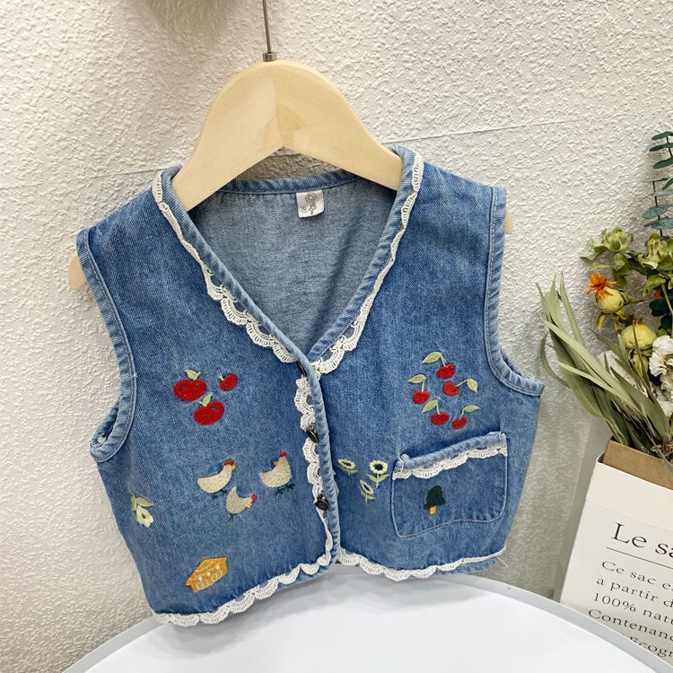 Áo Khoác Denim Không Tay Cổ Chữ V Thêu Họa Tiết Thời Trang Xuân Thu Dành Cho Bé Gái 0 Tuổi