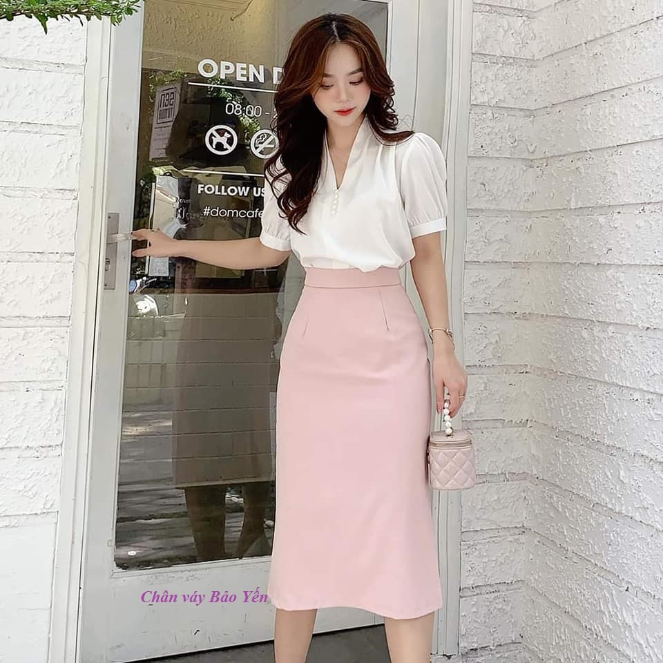 Chân váy dài 70cm màu hồng pastel xẻ sau-2 lớp- cạp 3.5 - M87