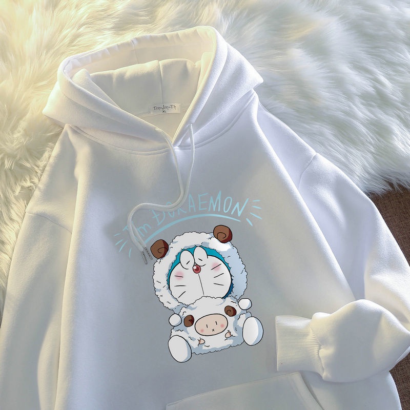 Áo Khoác Hoodie Vải Nỉ Dáng Rộng In Hình Doraemon Thời Trang Cho Cặp Đôi