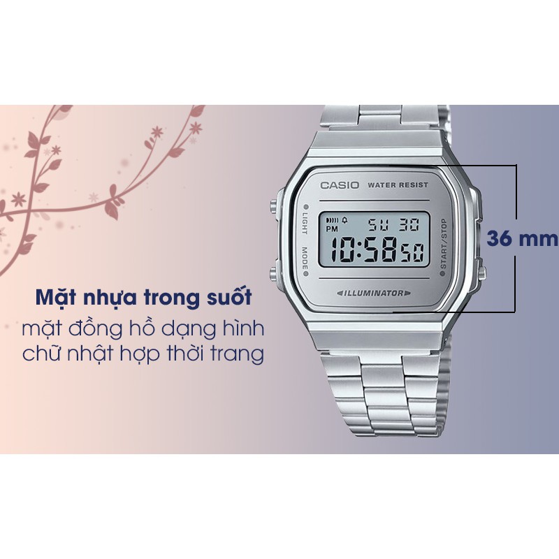 Đồng hồ chính hãng Nam Nữ Casio điện tử A168WEM-7 cổ điển mặt tráng gương bạc