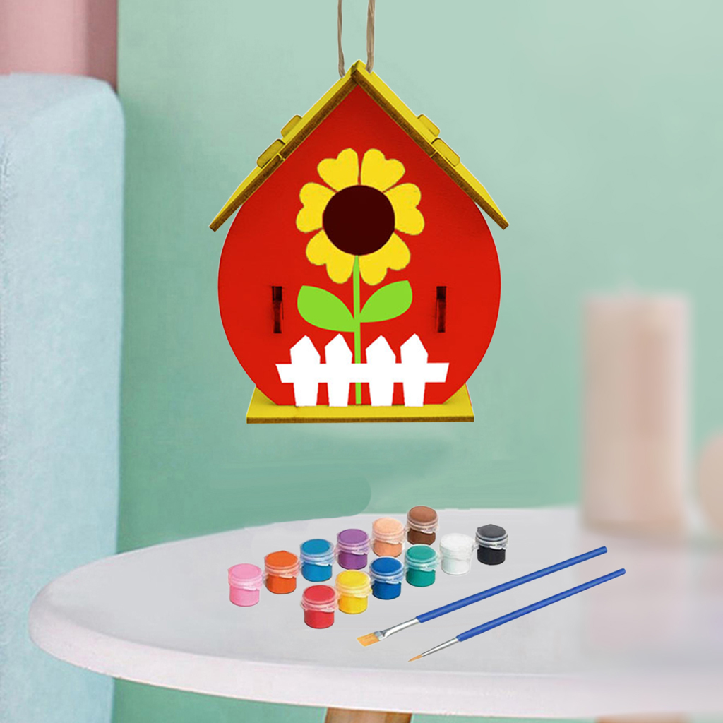 Enjoylife Art Craft Wood Toys 3D Painting Puzzle Bird House DIY Wooden Assembly Model Building Kits with 12 Color Pigments & Brush for Kid Educational Gifts